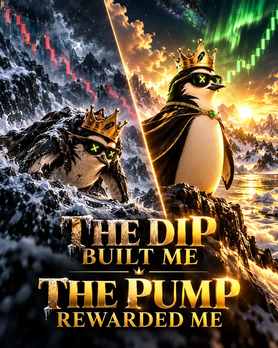 A dramatic poster shows a penguin and an owl wearing crowns and sunglasses with green 'X' eyes, split between snowy and golden landscapes with the text 'THE DIP BUILT ME, THE PUMP REWARDED ME'.