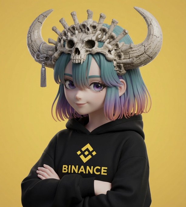 A stylized anime-style character with teal-to-purple gradient hair wears a bone-adorned horned skull headdress and a black Binance hoodie featuring the yellow "BINANCE" logo and emblem. The fierce yet cute avatar matches the poster's celebration of receiving a fan-made gift while showing support for BNB bulls and crediting Killua.