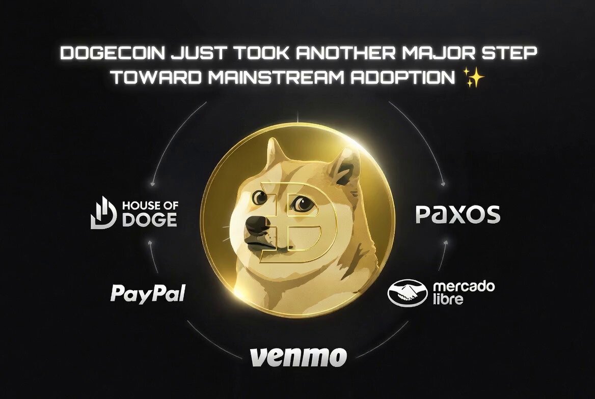 The image features a cartoon dog with a gold coin attached to its head, surrounded by logos for various companies such as Dogecoin, Paxos, PayPal, Venmo, and Mercadolibre. The text above the dog's head reads "DOGECOIN JUST Took Another Major Step Toward Mainstream Adoption", indicating that the image is related to a post about the history of Dogecoin and its impact on the cryptocurrency world.