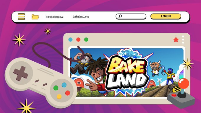 A colorful web browser mockup for 'bakeland.xyz' (@bakelandxyz) featuring a 'LOGIN' button, with a cartoon gaming browser window showing 'BAKE LAND' alongside a retro game controller and joystick decoration.