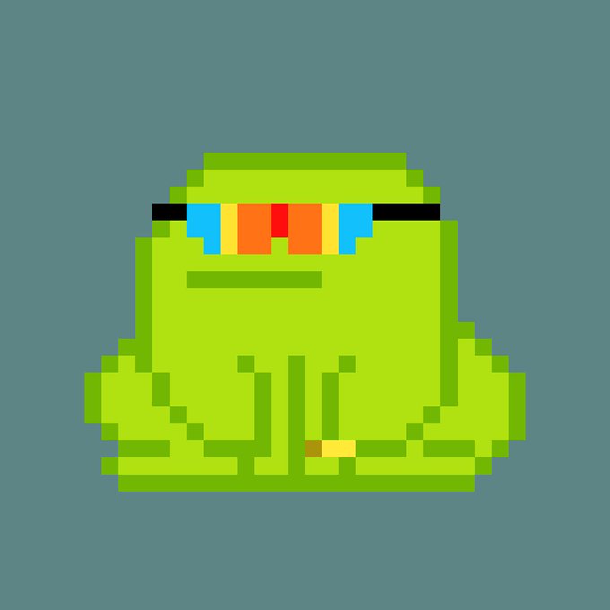 A pixel art image of a green frog-like character wearing rainbow-colored sunglasses, set against a teal background.