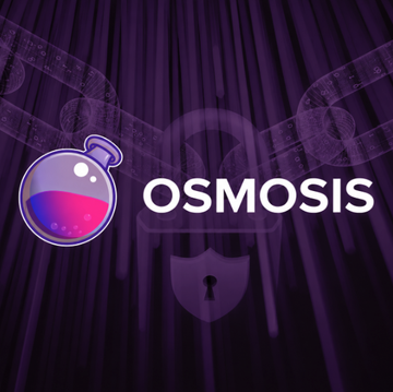 A purple promotional graphic featuring a glass orb/flask with colorful liquid, the word 'OSMOSIS' in white text, and a padlock symbol against a curtain-like background.