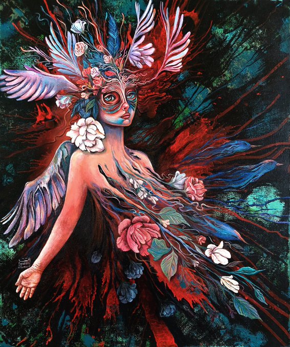 A vibrant surrealist painting depicting a woman whose body dissolves into flowing red tendrils and an array of colorful flowers and feathers, with painted wings extending from her shoulders against a dark, textured background.