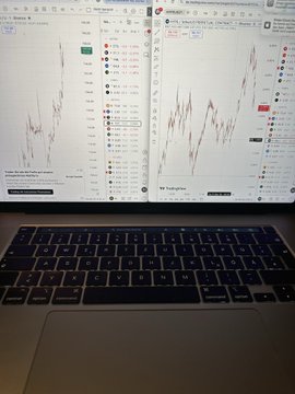 The image shows a laptop computer with both screens open, displaying two graphs or charts - one showing an increase (possibly for stock prices) and another displaying a decrease. The first graph seems to be a financial chart tracking the performance of a company's stock over time, while the second appears to show fluctuations in the stock market as a whole. Both screens are clearly visible on the laptop, allowing users to compare and analyze different sets of data simultaneously. This can help investors make informed decisions based on the trends and patterns they observe within these charts.