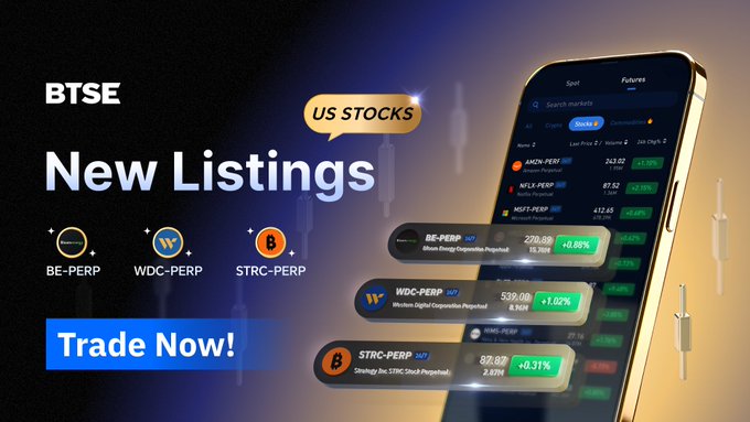 BTSE exchange advertisement promoting new US stock perpetual futures listings including BE-PERP, WDC-PERP, and STRC-PERP with a 'Trade Now!' call-to-action.