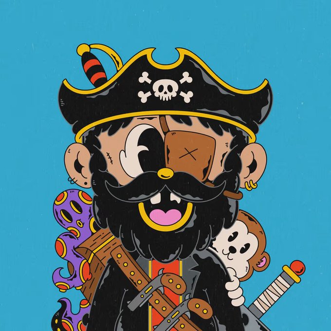 A colorful cartoon illustration of a bearded pirate wearing a skull-and-crossbones hat, with a stuffed monkey on his shoulder and an octopus tentacle behind him against a blue background.