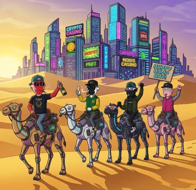 Colorful cartoon illustration of four characters in ape/monkey hats riding robotic camels through a desert toward a neon-lit crypto casino city, with a 'HAPPY HUMP DAY!' sign.