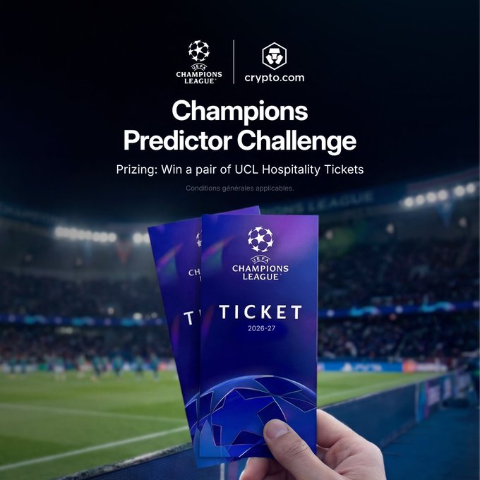 A promotional graphic for the "Champions Predictor Challenge" sponsored by crypto.com, featuring two purple UEFA Champions League tickets for the 2026-27 season held up against a stadium backdrop, inviting fans to win a pair of UCL Hospitality Tickets by making four correct predictions before September 8, 2026.