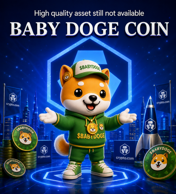 A cartoon Shiba Inu mascot wearing a green "$BABYDOGE" tracksuit and cap stands with arms outstretched against a blue cityscape backdrop featuring Crypto.com logos and flags, with text reading "High quality asset still not available" and "BABYDOGE COIN," visually emphasizing the post's message that $BABYDOGE has yet to be listed on Crypto.com.