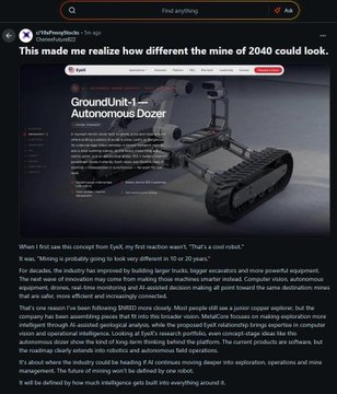 A dark-themed Reddit post from r/TheMinesWorld titled 'This made me realize how different the mine of 2040 could look' featuring an image of a 'GroundUnit-1 Autonomous Dozer' with the text 'When I first see this concept from LynX, my first reaction wasn't: "That's a cool robot." It was: "Mining is probably going to look very different in 10 or 20 years."'