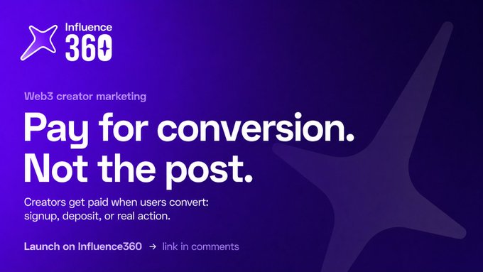 A purple promotional graphic for "Influence 360" advertises Web3 creator marketing with the slogan "Pay for conversion. Not the post."