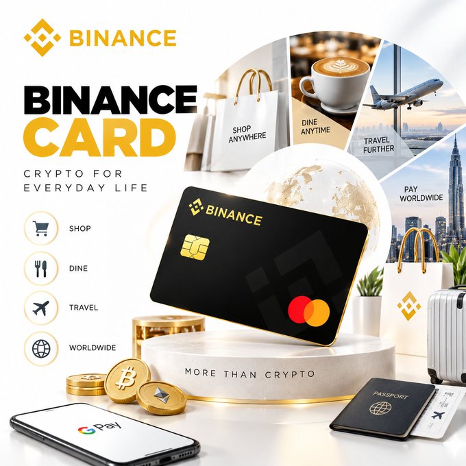 Promotional image for the Binance Card, featuring a black card with a gold chip displayed on a pedestal, surrounded by imagery representing shopping, dining, travel, and worldwide use, with the text 'BINANCE CARD - CRYPTO FOR EVERYDAY LIFE' and 'MORE THAN CRYPTO'.