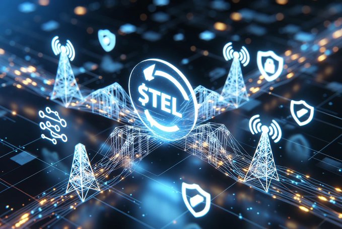 The image features a digital illustration of a network of antennas, with the word "TEL" prominently displayed at the center. There are several other elements within the image that contribute to its overall composition. The background consists of a grid-like pattern filled with various symbols and icons related to technology and communication. These include a shield symbolizing protection or security, a lightning bolt representing electricity, and a satellite symbolizing wireless transmission.