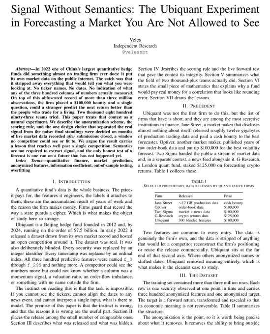 The image shows the first page of an academic paper titled "Signal Without Semantics: The Ubiquitous Experiment in Forecasting a Market You Are Not Allowed to See" by Veles Independent Research, which directly supports the post's claim about a secretive fund releasing anonymized data. The abstract describes a quantitative fund that disclosed 300 columns of trading signals without revealing ticker names, dates, or the identity of the market itself, presenting the anonymization as a strange, one-way street experiment in obfuscation, with the paper noting this dataset was placed on an open competition with a $100,000 bounty.