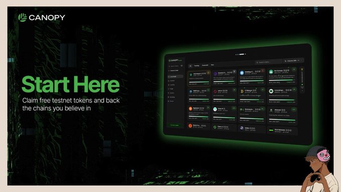 A Canopy promotional page displays 'Start Here' with text 'Claim free testnet tokens and back the chains you believe in,' showing a dashboard interface and a cartoon character in the corner.
