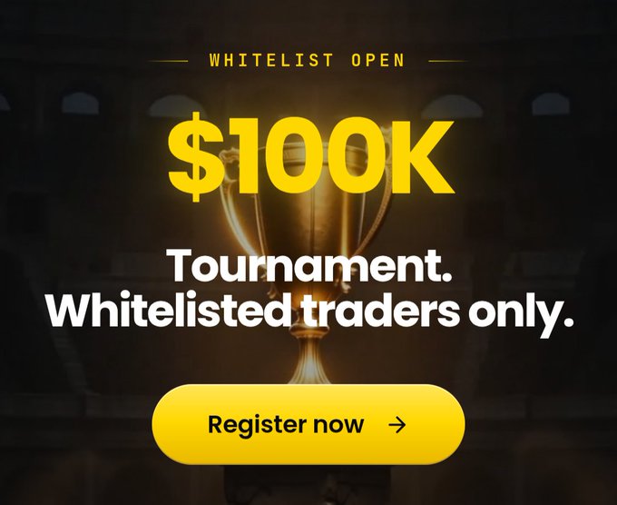 A promotional advertisement for a '$100K Tournament' for whitelisted traders only, featuring a golden trophy and a 'Register now' button.