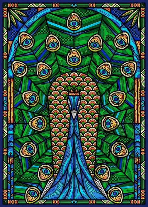 A stylized, colorful illustration of a peacock displaying its full tail feathers, adorned with many eye-spots and rendered in geometric patterns of green, blue, and yellow.