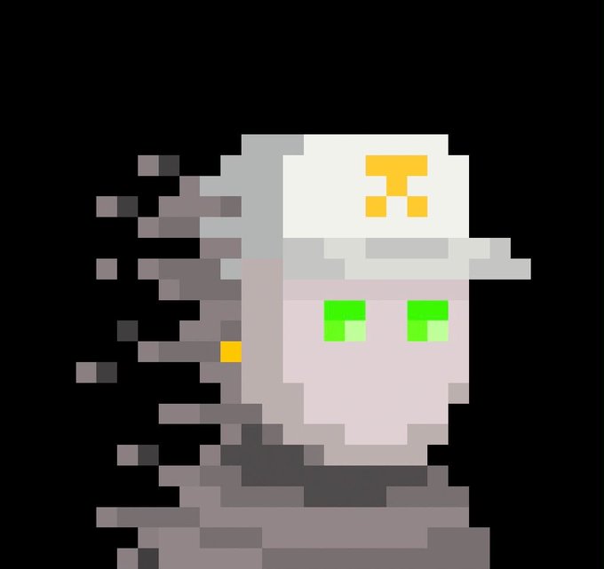 A pixel art portrait of a character with long gray hair, bright green eyes, and a white cap with a yellow symbol against a black background.