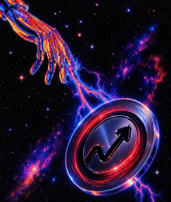 The image depicts a glowing, mechanical hand reaching down from a cosmic nebula to grasp a shiny coin marked with an upward-trending arrow, symbolizing the project's bullish potential. This visual metaphor aligns with the post's message about a rising "Memestock" token built on BNB, emphasizing the "slowly, then all at once" momentum the poster is promoting.