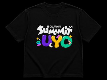A black t-shirt displays colorful graffiti-style text reading "SOLANA SUMMIT UYO" with yellow star accents.