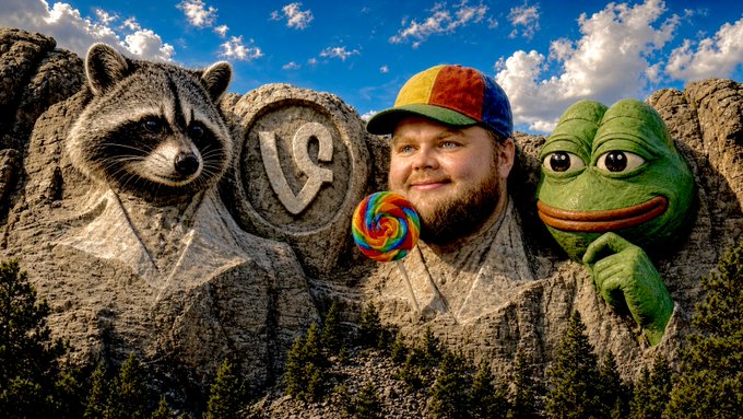 A meme image styled after Mount Rushmore featuring the faces of a raccoon, a man with a colorful cap holding a lollipop (VeRonica/Ve), and Pepe carved into a rock face with the 'Ve' logo.