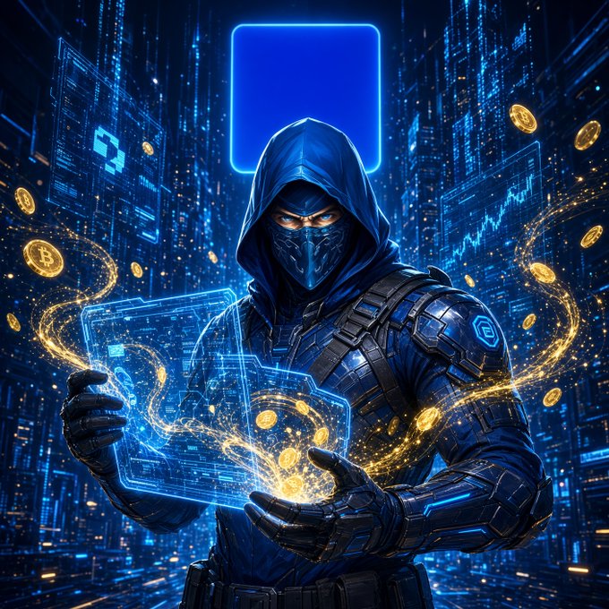 A stylized digital artwork depicts a hooded masked figure holding a glowing blue holographic interface amid neon city graphics, financial charts, and floating Bitcoin-like coins.