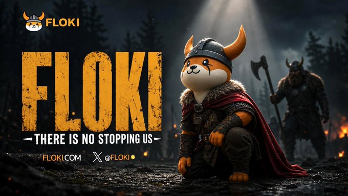 A cartoon Shiba Inu dressed as a Viking warrior stands amid a fiery battlefield, with the bold text "FLOKI — THERE IS NO STOPPING US" and FLOKI branding displayed alongside. The image visually reinforces the post's message about $FLOKI's unstoppable momentum, portraying the mascot as an indomitable warrior amid chaos and flames.