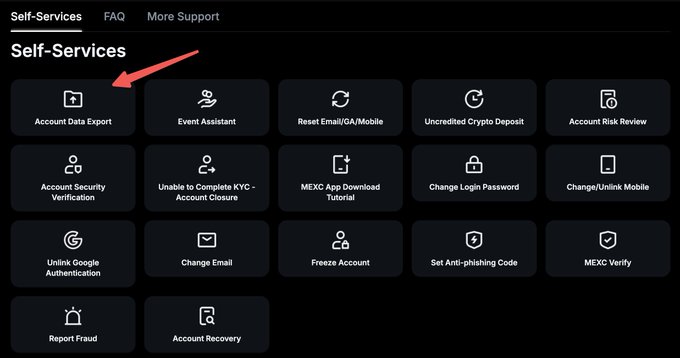 A screenshot of a cryptocurrency exchange's Self-Services menu (appears to be MEXC) displaying various account management options like Account Data Export, Event Assistant, and Reset Email/GA/Mobile, with a red arrow pointing to 'Account Data Export'.