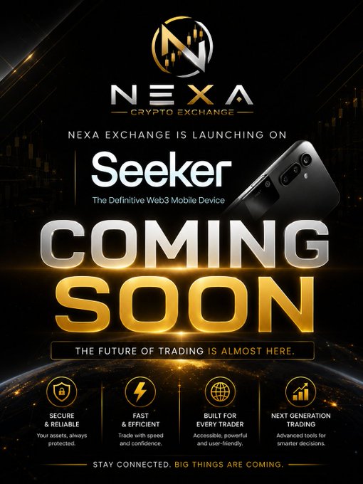 The image features a poster for a cryptocurrency exchange called "Nexa". It has a black background with gold text, including the words "Nexa" and "Exchange", as well as the phrase "Coming soon". The poster also includes an image of a phone symbolizing the crypto world.!