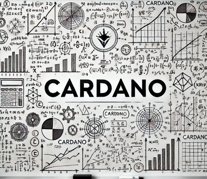 A whiteboard filled with hand-drawn mathematical equations, graphs, and diagrams surrounding the word 'CARDANO' and its logo, suggesting a technical or educational theme.