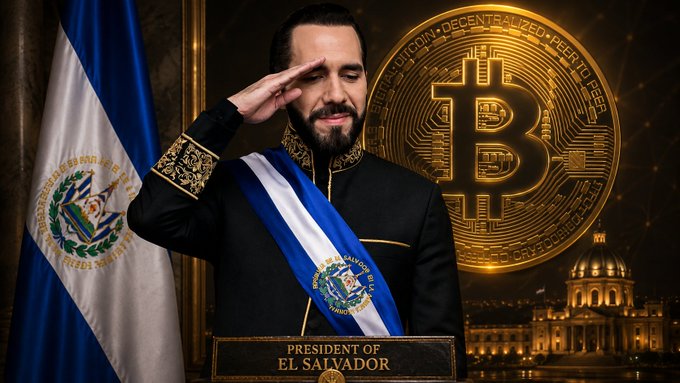 A stylized portrait of Nayib Bukele, labeled 'PRESIDENT OF EL SALVADOR', saluting in front of the El Salvadoran flag and a large Bitcoin graphic.