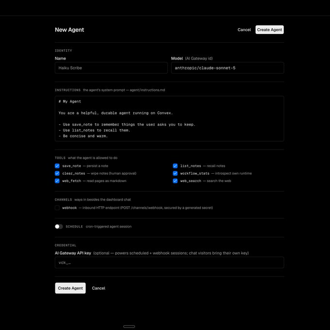 A "New Agent" configuration form on Convex shows the creation of "Haiku Scribe" using the Anthropic Claude Sonnet 4.5 model, with system instructions and tools enabled for note-saving, note-listing, page-clearing, runtime stats, web fetching, and web search, aligning with the "Con(e)vex" wordplay.