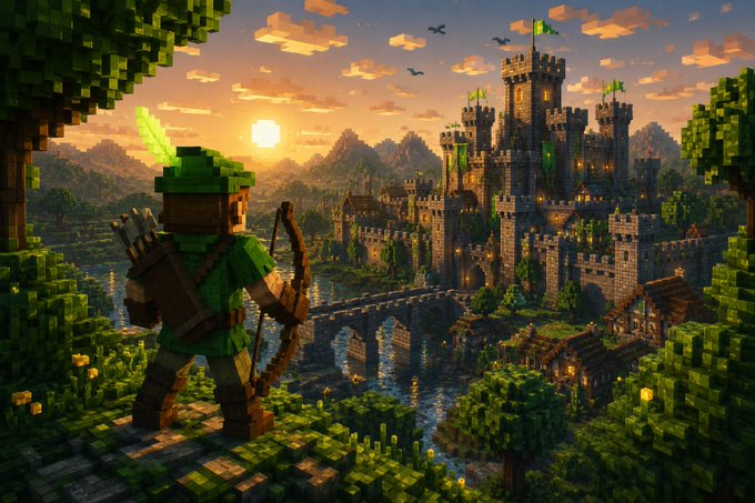 A digital artwork depicts a Minecraft-style archer with a green helmet overlooking a blocky medieval castle and bridge at sunset.