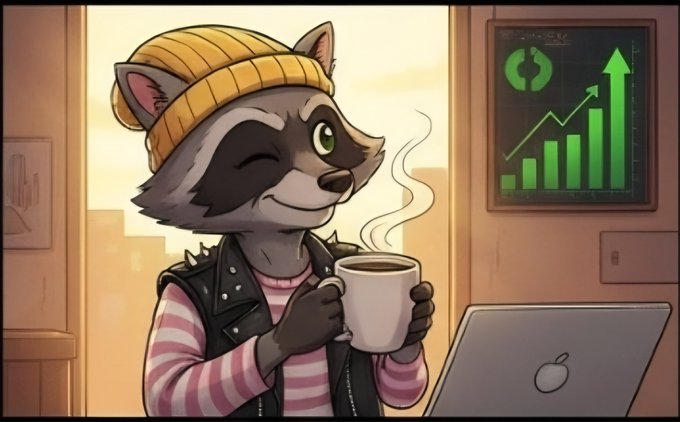 An illustrated anthropomorphic raccoon wearing a yellow beanie and a spiked leather vest, holding a steaming mug while winking, with a laptop and a green rising chart in the background.