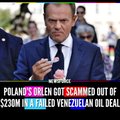 The image shows Polish President Andrzej Duda speaking at what appears to be a formal press event, with a small inset photo in the upper left corner showing another man in a green shirt. Bold text overlaid on the image reads "POLAND'S SILENT BETRAYAL: BUY OF VENEZUELAN OIL TO 'SAVE UKRAINE'," which aligns with the accompanying post about Poland's failed $230 million attempt to purchase Venezuelan crude through a Dubai trader, involving crypto conversions and tankers left waiting without the promised oil. The post explains that the deal spiraled into criminal investigations and legal disputes, suggesting the image is being used to frame this controversial oil purchase as a "silent betrayal" related to efforts to support Ukraine.
