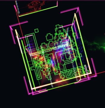 A colorful 3D point cloud visualization showing the interior layout of a room, with green and purple wireframe outlines of walls and furniture on a dark background.