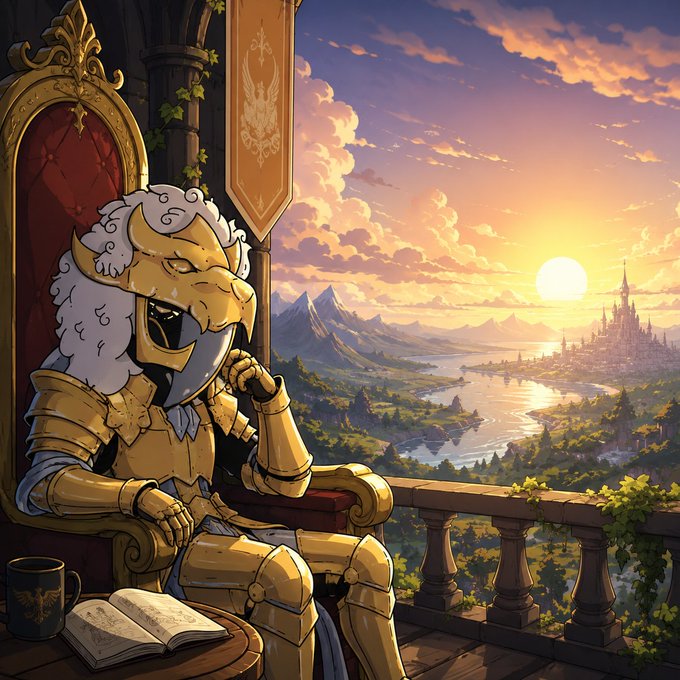 An animated-style illustration of a golden-armored knight with a white mane sitting on a throne at a balcony, overlooking a sunset landscape with mountains, a river, and a distant castle.