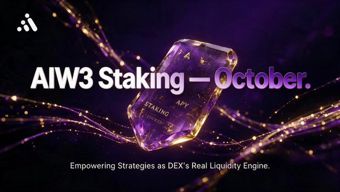 A promotional banner for 'AIW3 Staking — October' features a purple gemstone against a flowing light background with the tagline 'Empowering Strategies as DEX's Real Liquidity Engine.'