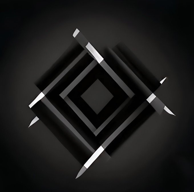 An abstract digital artwork featuring a layered diamond shape surrounded by several metallic pencil-like objects against a dark gradient background.