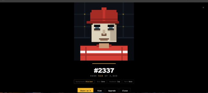 A pixel art avatar labeled "#2337" displays a character wearing a red cap and red striped shirt, with a "Share on X" button visible below. The image serves as a visual identifier for the user's newly minted ZEC NFT avatar from Zaddrnet, marking their entry into the Zcash NFT ecosystem.