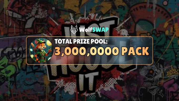 A promotional banner for 'WolfSWAP' displaying a 'TOTAL PRIZE POOL: 3,000,0000 PACK' against a graffiti-covered background, featuring a fox character mascot.