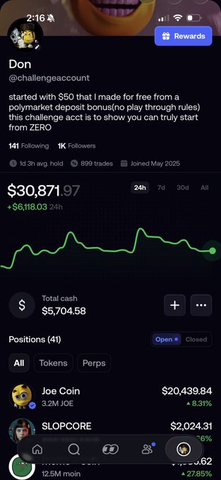A crypto trading account screenshot showing user "Don" (@challengeaccount) with a portfolio value of $30,871.97, including positions in "Joe Coin" worth $20,439.84 and "SLOPCORE" worth $2,024.31.