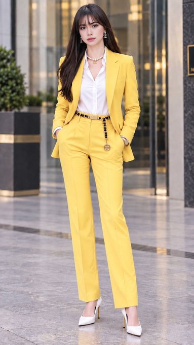 A woman modeling a bright yellow suit over a white shirt, accessorized with a chain belt and white heels, standing in a modern indoor setting.