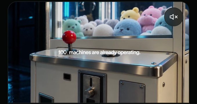 A claw machine filled with pastel teddy bears displays the text "100 machines are already operating," visually reinforcing the post's claim about @DualMintRWA's expanding network of revenue-generating real-world assets like the $PLAY laundromat and vending operations.