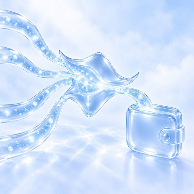 A glass manta ray composed of flowing, water-like tendrils streams forward to deliver a transparent pouch into a glass wallet, visually representing the seamless transfer of assets through a crypto swap.