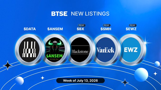 A promotional graphic titled 'BTSE NEW LISTINGS' announcing new perpetual contracts ($DATA, $ANSEM, $BX, $SSMH, $EWZ) and ticker logos for Blackstone, VanEck, and EWZ for the Week of July 13, 2026.