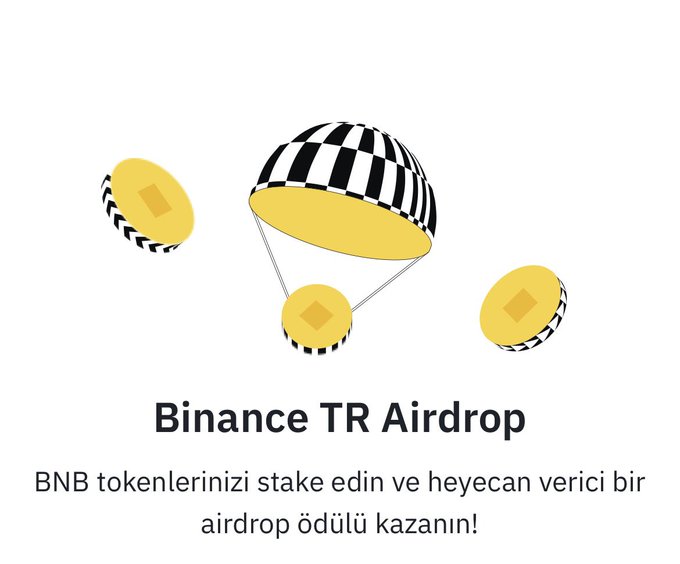 A graphic promoting the Binance TR Airdrop program features falling coins beneath a striped parachute, with Turkish text reading "BNB tokenlerinizi stake edin ve heyecan verici bir airdrop ödülü kazanın!" (Stake your BNB tokens and win an exciting airdrop reward!). The parachute imagery reinforces the "airdrop" theme referenced in the post about Binance TR's HODLer Airdrop feature, where users are automatically eligible for airdrops after staking their BNB tokens.