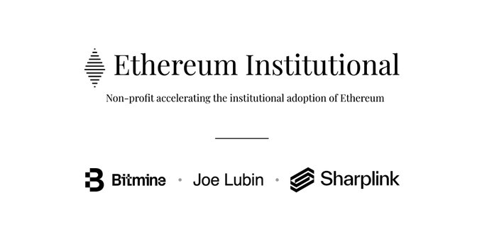 A logo/graphic for 'Ethereum Institutional,' described as a 'Non-profit accelerating the institutional adoption of Ethereum,' featuring associated partners Bitmine, Joe Lubin, and Sharplink.