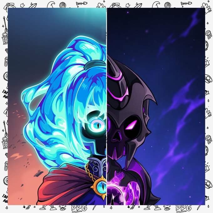 A split illustration showcases two contrasting character concepts—one featuring vibrant blue flame-like hair and a glowing teal eye, the other depicting a dark, horned skeletal figure with purple energy—representing the duality and expanded narrative world being developed for the upcoming Chapter Two of the @DedGorgez NFT project.