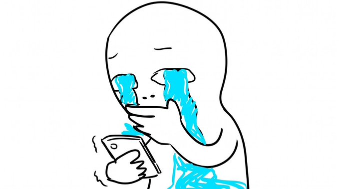 A cartoon illustration of a white figure crying large blue tears while looking at a phone with a sad expression.